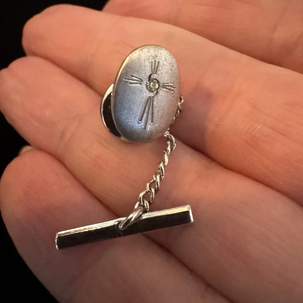 VTG‎ Anson Cufflinks And Tie Tack Sterling Silver And Diamond Cross Oval Shape
